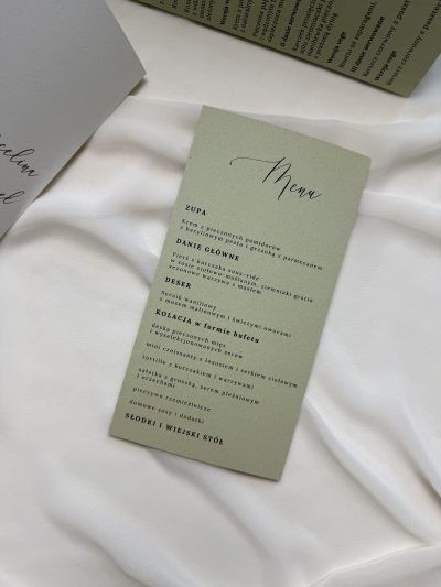 Menu weselne zielone Arco w kształcie łuku w oliwkowej zieleni